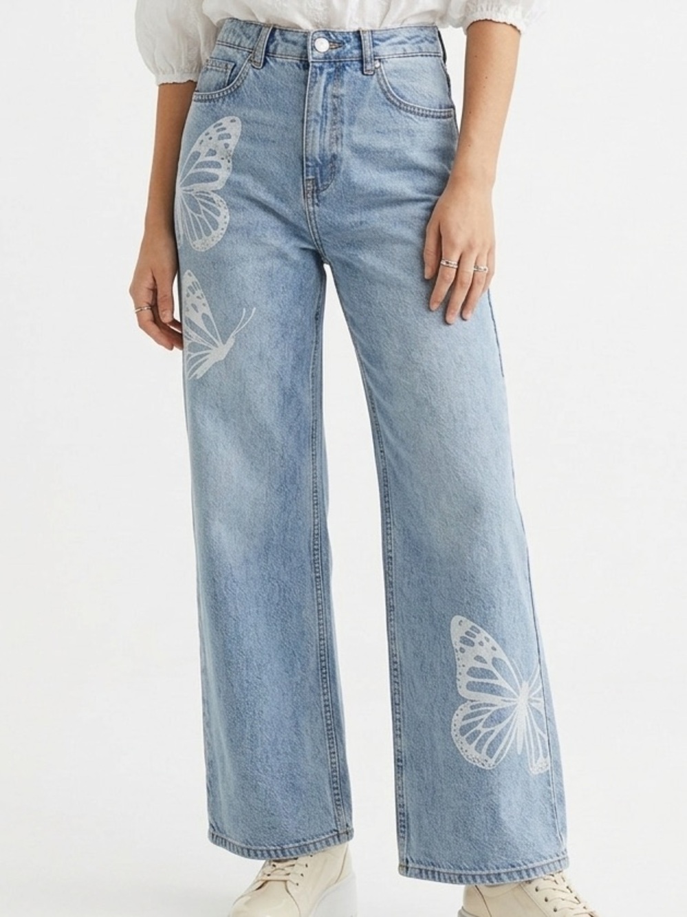 TINSELTOWN Light Washed Blue Denim Butterfly Print Flare high waisted Size 7